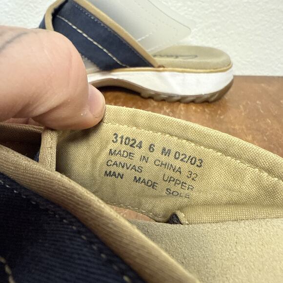 Clarks Womens Canvas Sandals Slide Open Toe Comfort Adjustable Band Blue Tan 6 - Picture 7 of 9
